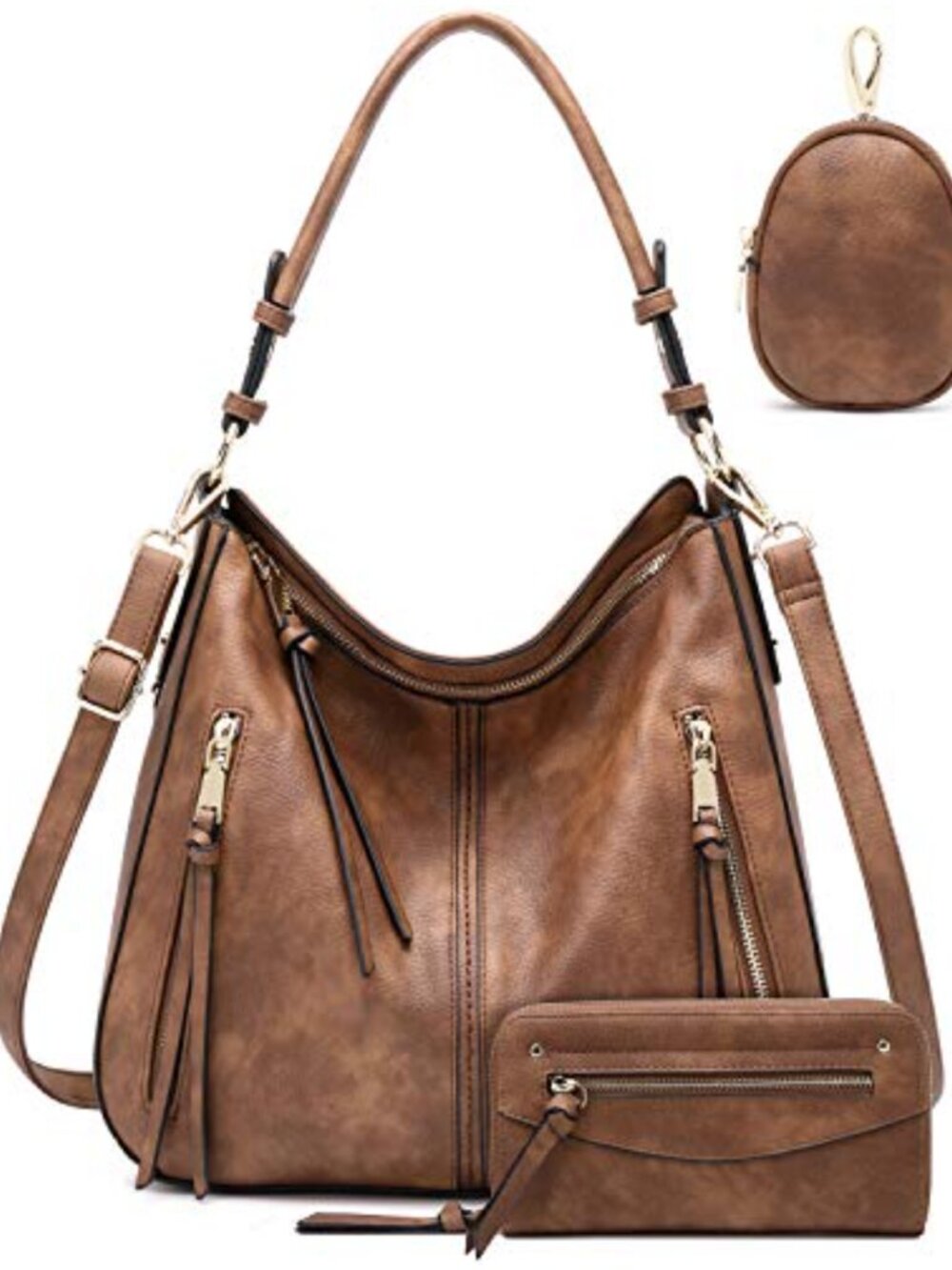 Vegan Leather Hobo Shoulder Bag Set with Wallet Crossbody Adjustable Strap